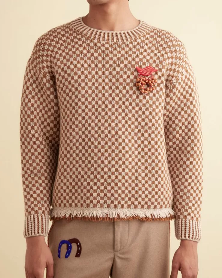 Shop BODE Fringe Check Pullover - Brown