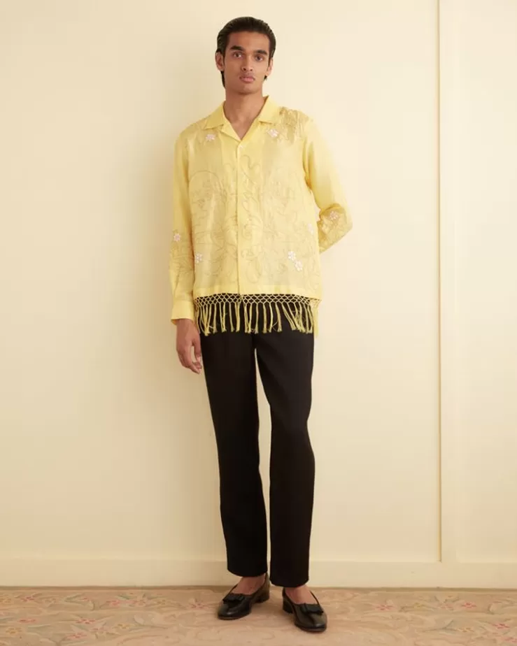 New BODE Paquerette Fringe Long Sleeve Shirt Yellow