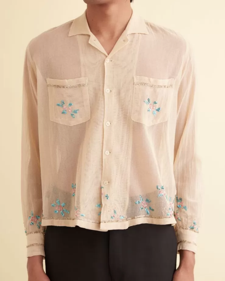 Outlet BODE Sequined Floral Net Long Sleeve Shirt